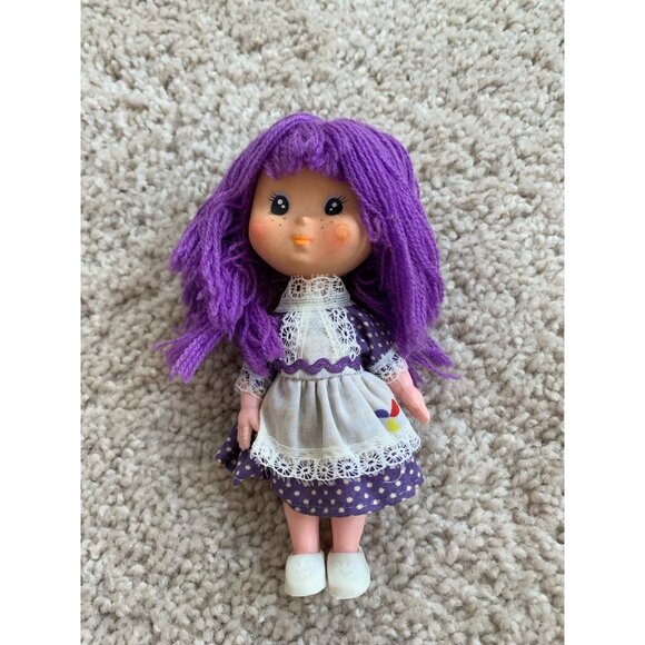 Vintage Purple‎ Yarn-Haired Doll With Polka Dot Dress & Lace Details - 6" Tall - Picture 1 of 7